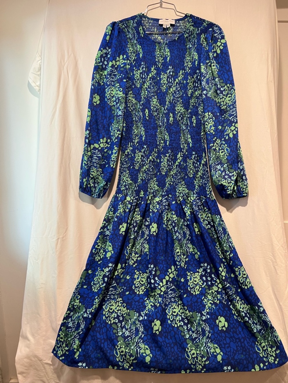 Never Fully Dressed Blue & Green Smocked Long Sleeve MIDI Dress Size US 6 - Picture 2 of 8